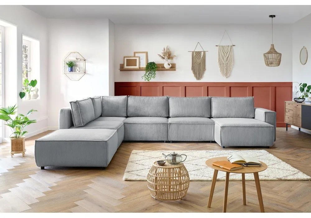 Светлосив велурен U-образен ъглов диван, ляв ъгъл Nihad modular - Bobochic Paris