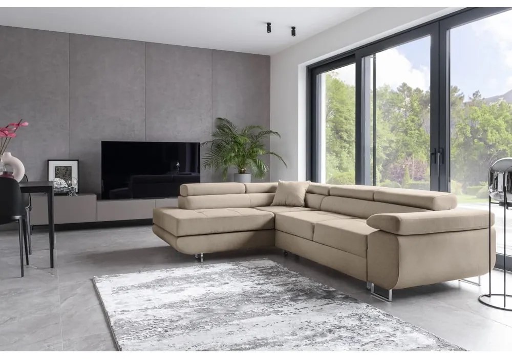 Бежов сгъваем/с място за съхранение ъглов диван (ляв ъгъл/L форма) Anton – ELTAP