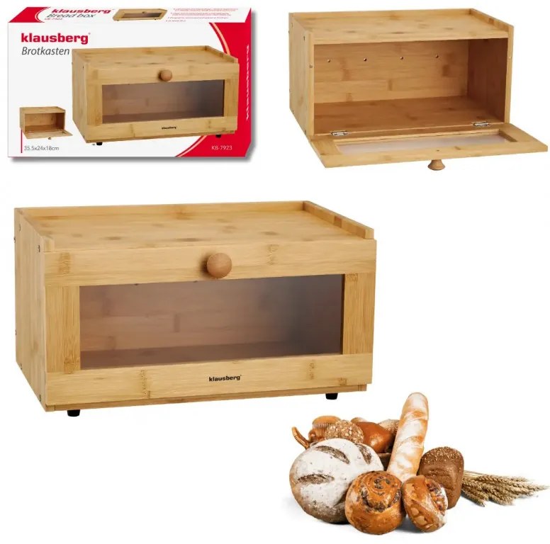 Кутия за хляб Klausberg KB 7923, 35.5 см, Акрилно прозорче, Бамбук, Кафяв