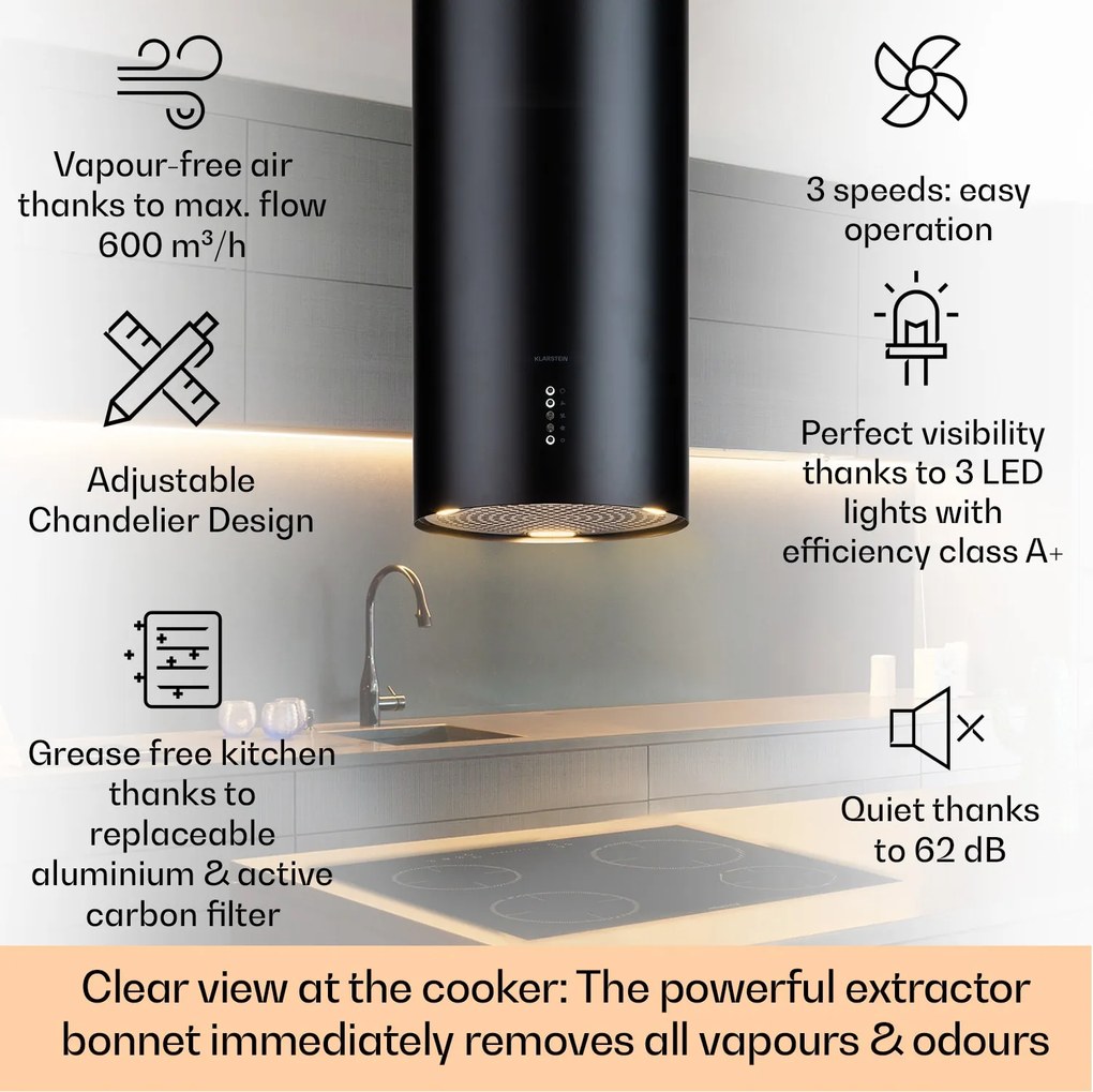 Klarstein Bolea, островен абсорбатор, Ø38см, режим на рециркулация/ засмукване на въздух, 600м³/ч, включително филтри с активен въглен