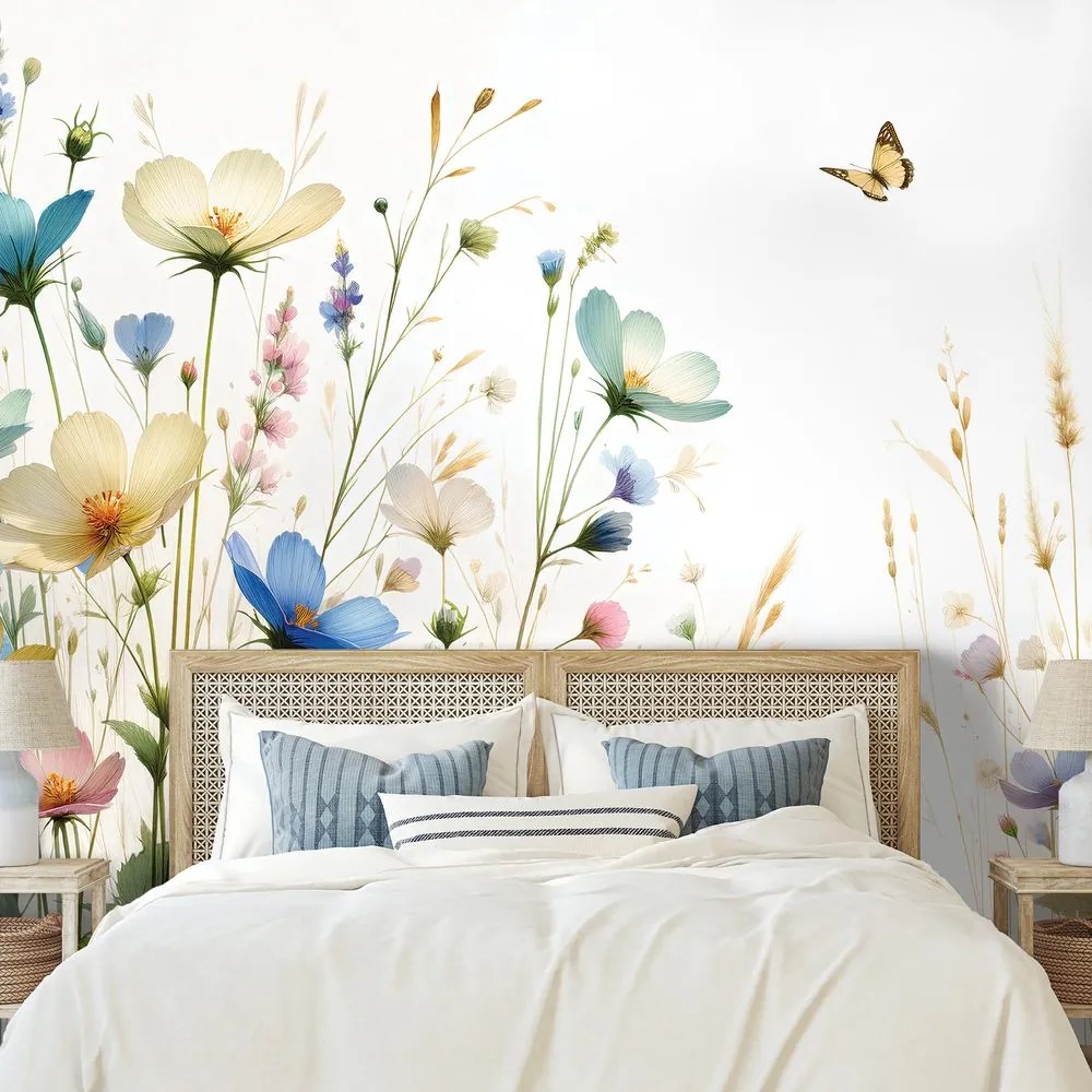 Тапет – Пастелни цветя и летящи пеперуди