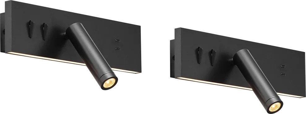 Комплект от 2 модерни стенни лампи черни регулируеми с USB-C вкл. LED - Modric