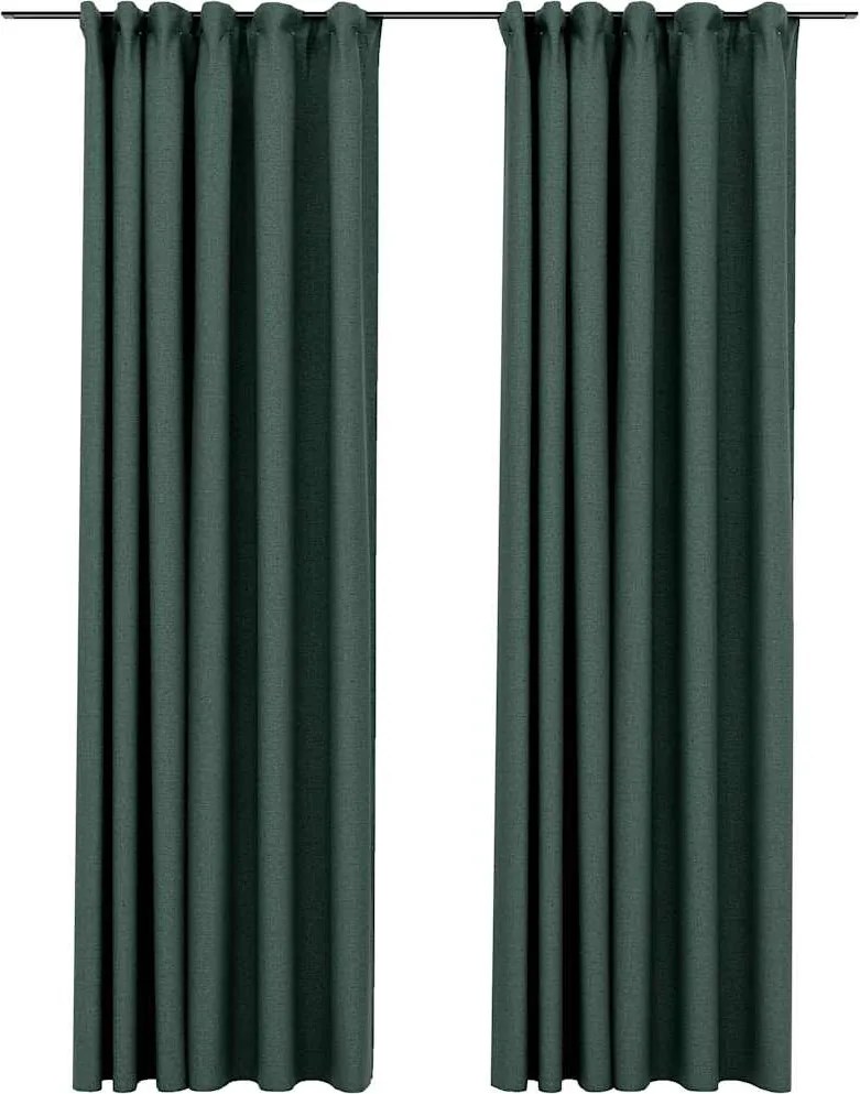 321189 vidaXL Затъмняващи завеси с куки имитация лен 2 бр зелени 140x225 см