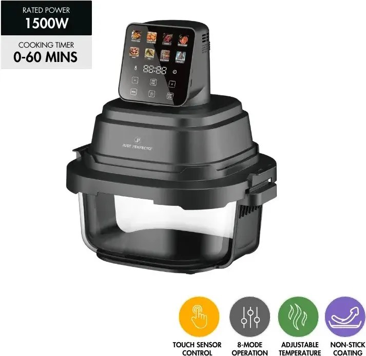 Фритюрник с горещ въздух Just Perfecto JP-AF4GL, 1500 W, 1.5/4 л, 8 програми, 80-200 C, 360° Hot Air Circulation, Термоустойчива стъклена конструкция, Черен