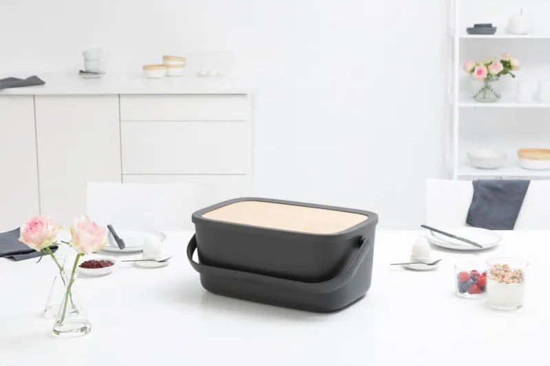 Кутия за хляб Brabantia Nic 1003255, 39.5 см, Бамбуков капак, Дръжка за носене, Тъмносив
