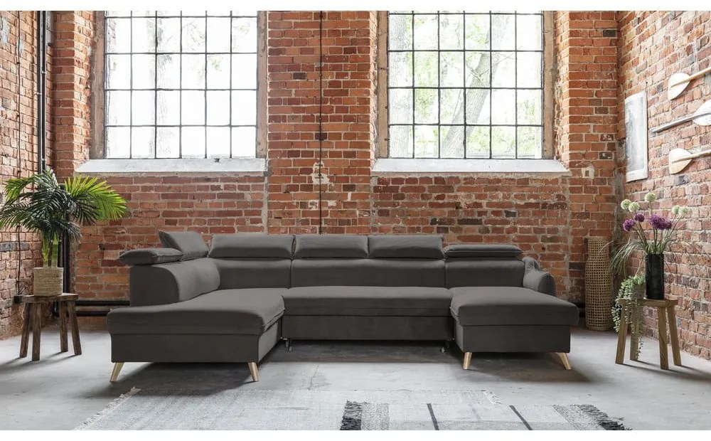 Тъмносив кадифен U-образен ъглов диван (ляв ъгъл) Sweet Harmony - Miuform