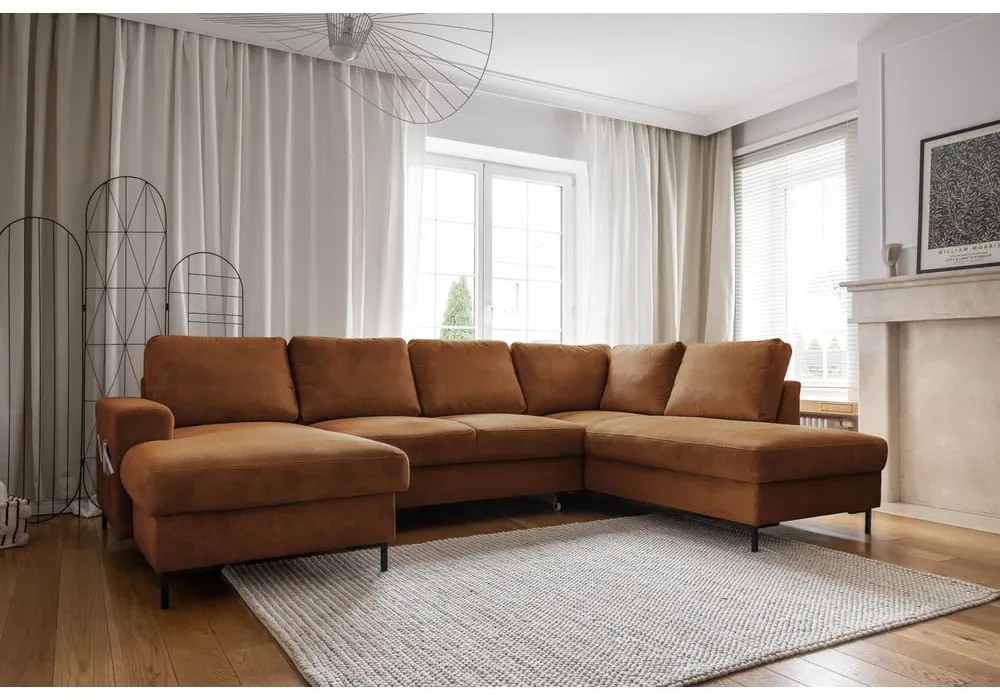 Оранжево-кафяв разтегателен ъглов диван от рипсено кадифе (десен ъгъл) Lofty Lilly – Miuform