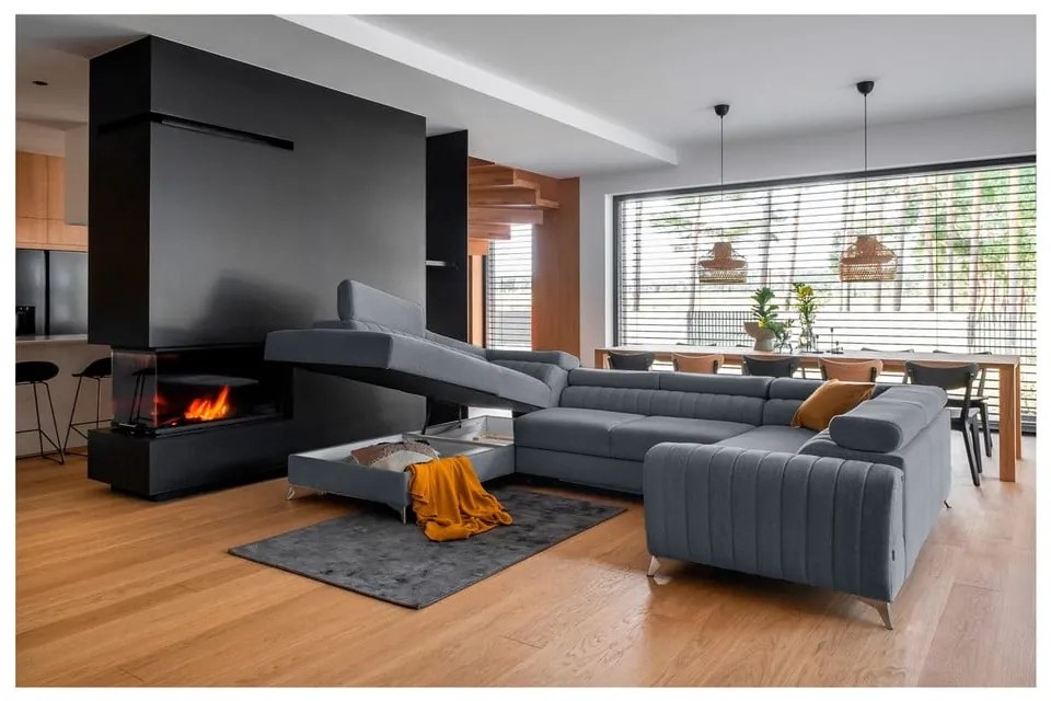 Син разтегателен ъглов диван с място за съхранение (ляв ъгъл U форма) Louis – ELTAP