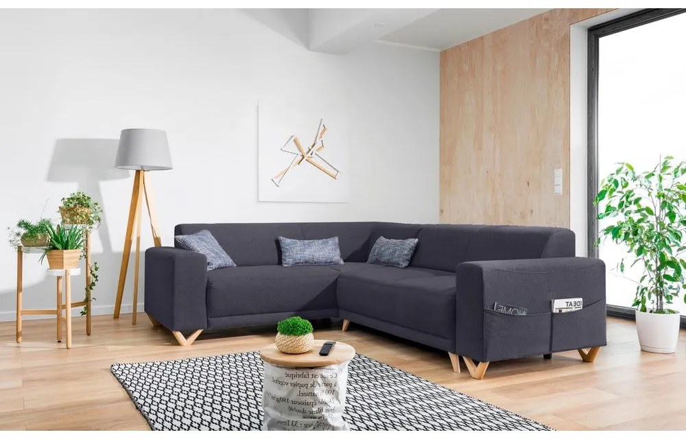 Антрацитен разтегателен/с място за съхранение ъглов диван (ляв ъгъл/L форма) Classy Sophie – Miuform