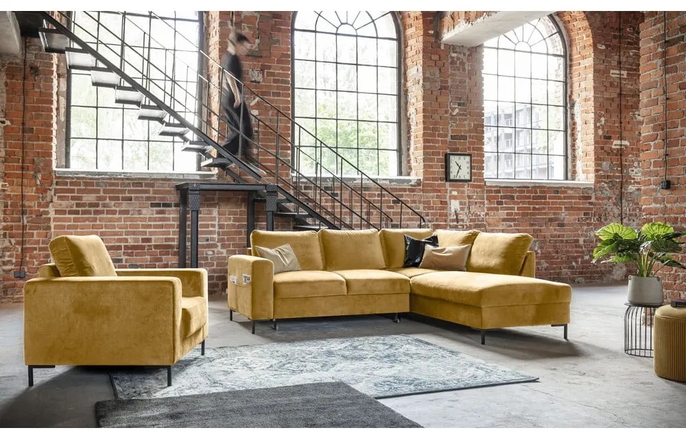 Жълт кадифен разтегателен ъглов диван (десен ъгъл) Lofty Lilly – Miuform