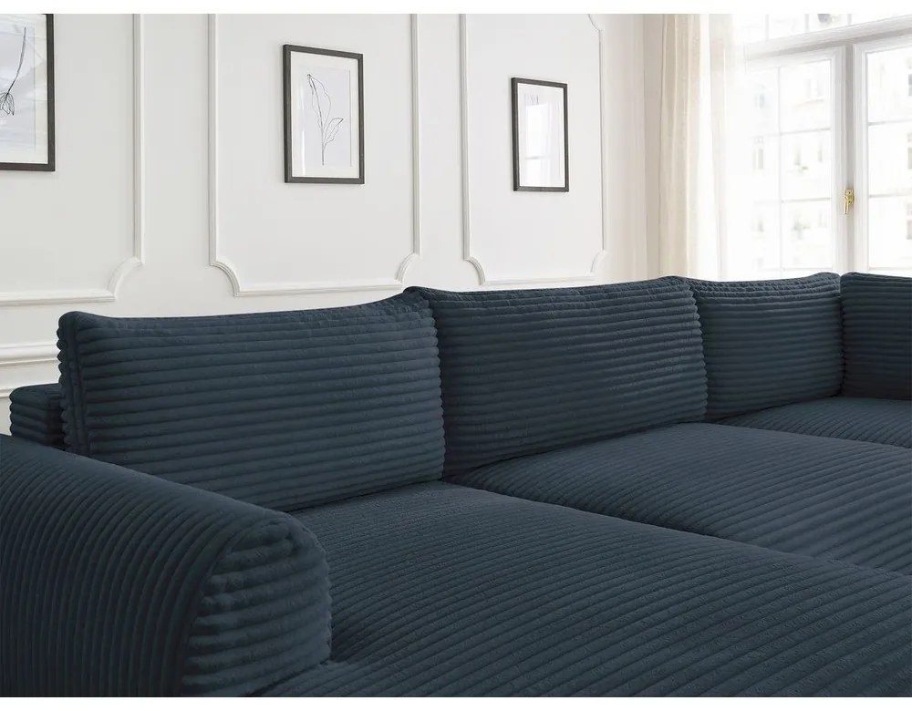 Тъмносин разтегателен ъглов диван от рипсено кадифе (ляв ъгъл/"U" форма) Lucien – Bobochic Paris