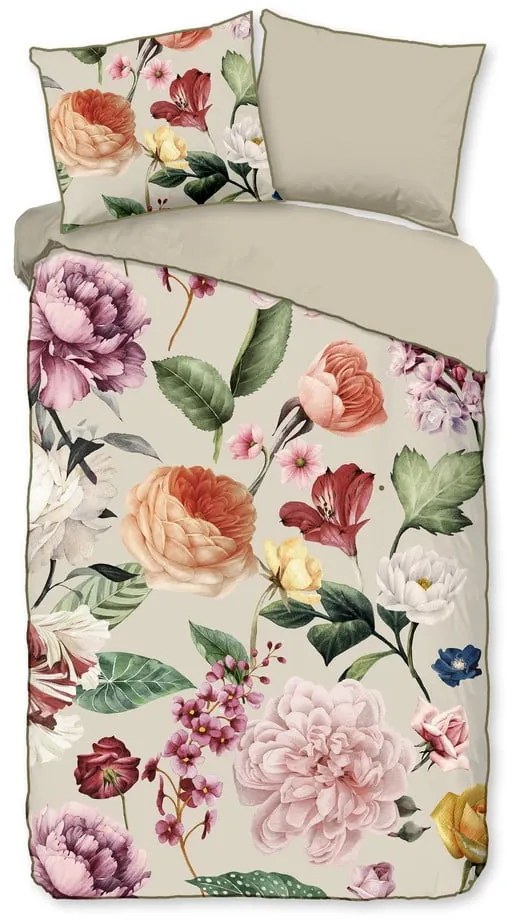 Бежово единично удължено спално бельо от памучен сатен 140x220 cm Fiori – Descanso