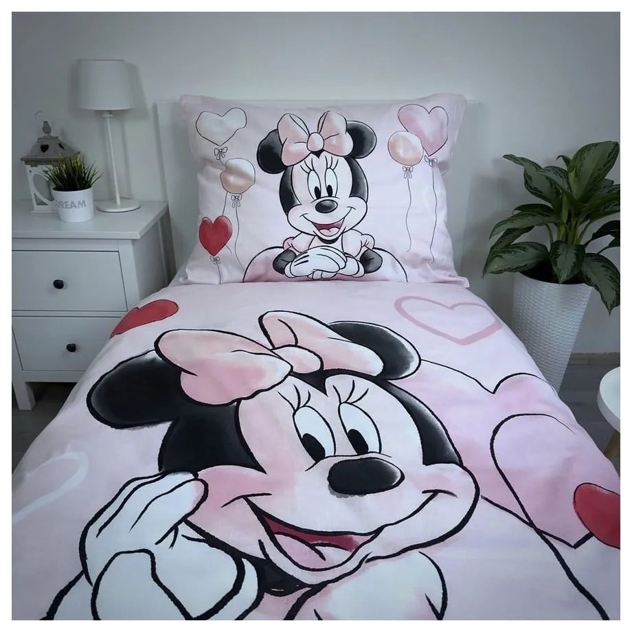 Розово единично памучно детско спално бельо 140x200 cm Minnie "Balloon" – Jerry Fabrics
