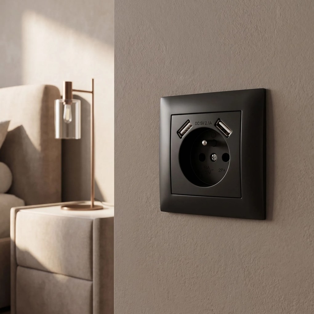 Единичен контакт със заземяване + 2x USB-A OSTE JNH003-G Black