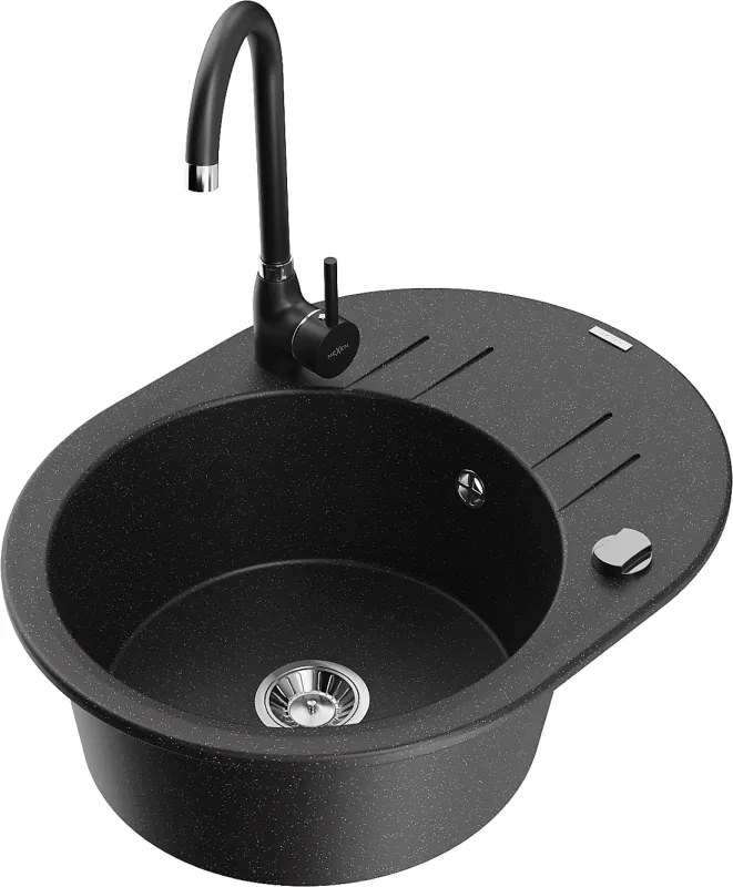 Mexen Kevin гранитна мивка с 1 отделение и отцедник и кухненски смесител Telma, черен/сребрист металик - 6517-73-670200-70