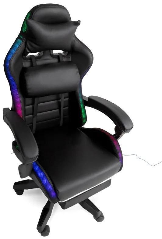 LED геймърски стол със сгъваема поставка за крака и функция за масаж - черен