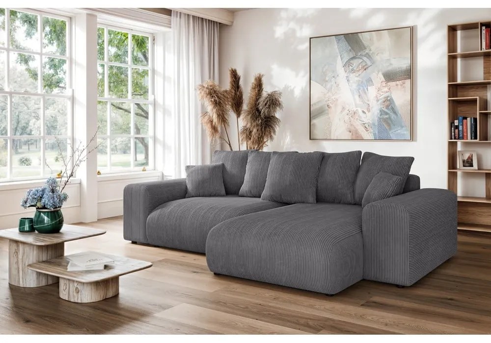 Сив разтегателен ъглов диван с място за съхранение от рипсено кадифе (променлив) Luma – Ropez