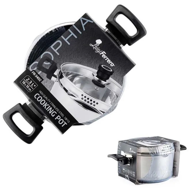 Тенджера Luigi Ferrero Sophia FR-3402, 18x10 см, 2.3 л, Стомана 18/10, Стъклен капак, Индукция, Инокс