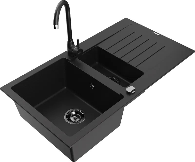 Mexen Matias гранитна мивка 1,5-камерна с отцедник и кухненски смесител Telma, черен - 6502-77-670200-70-B