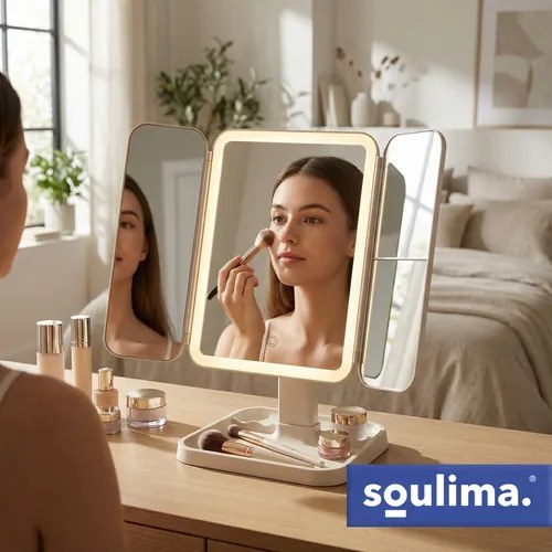 Козметично огледало за грим с LED осветление Soulima — С увеличителни панели, 4в1