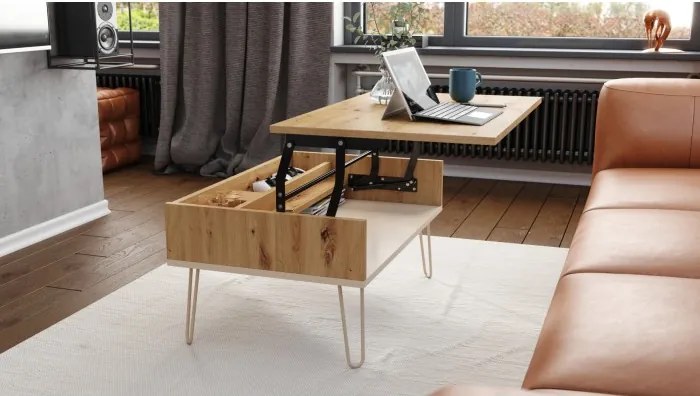 ХЕАРПИН С-90 Дъб Артисан/Бежов (Шампанско) - МОДЕРНА МАСА С ПОВДИГАЩ СЕ ПЛОТ + ОТДЕЛЕНИЕ ЗА СЪХРАНЕНИЕ + РАФТ