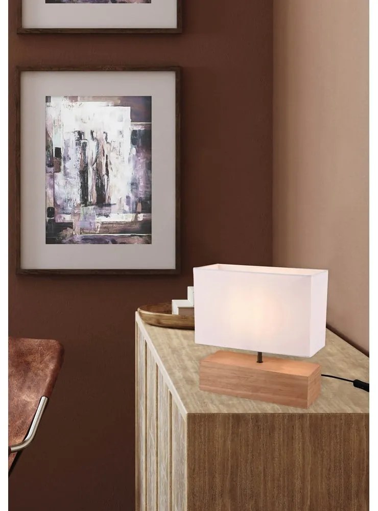 Бяла и естествена настолна лампа с текстилен абажур (височина 30 cm) Woody – Trio