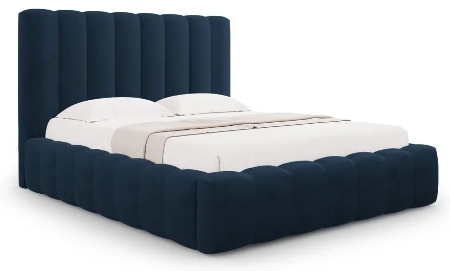 Тъмносиньо тапицирано двойно легло с място за съхранение с включена подматрачна рамка 180x200 cm Kelp – Micadoni Home