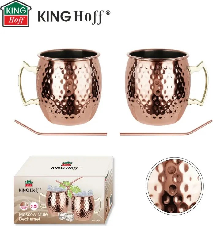 Комплект чаши за Moscow Mule Kinghoff KH 2000, 2 бр, 500мл, 2 сламки, Неръждаема стомана, Меден цвят