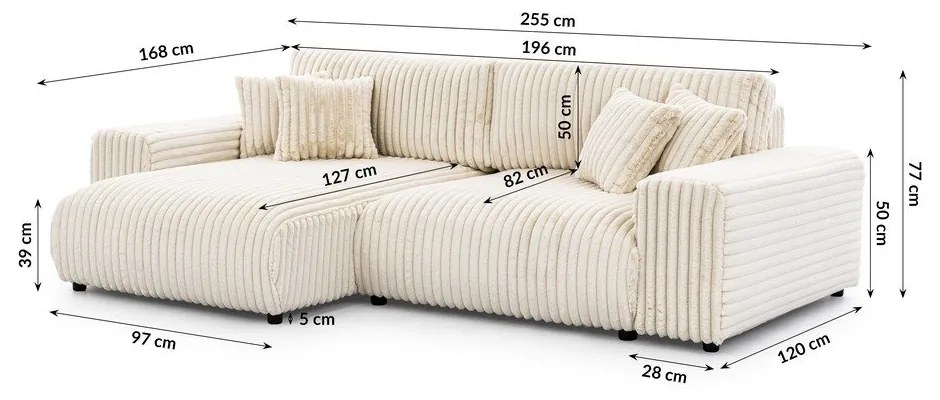 Кремав разтегателен ъглов диван от рипсено кадифе с място за съхранение (ляв ъгъл) Sarina – Ropez