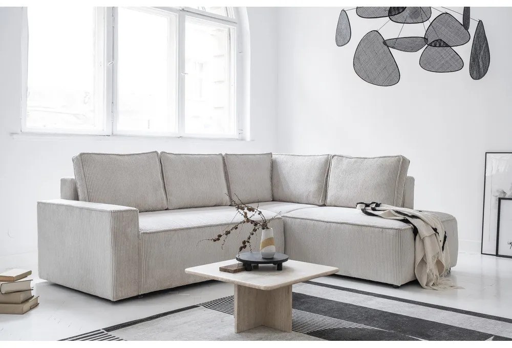 Бял разтегателен ъглов диван от рипсено кадифе (десен ъгъл) Brave Dave – Miuform