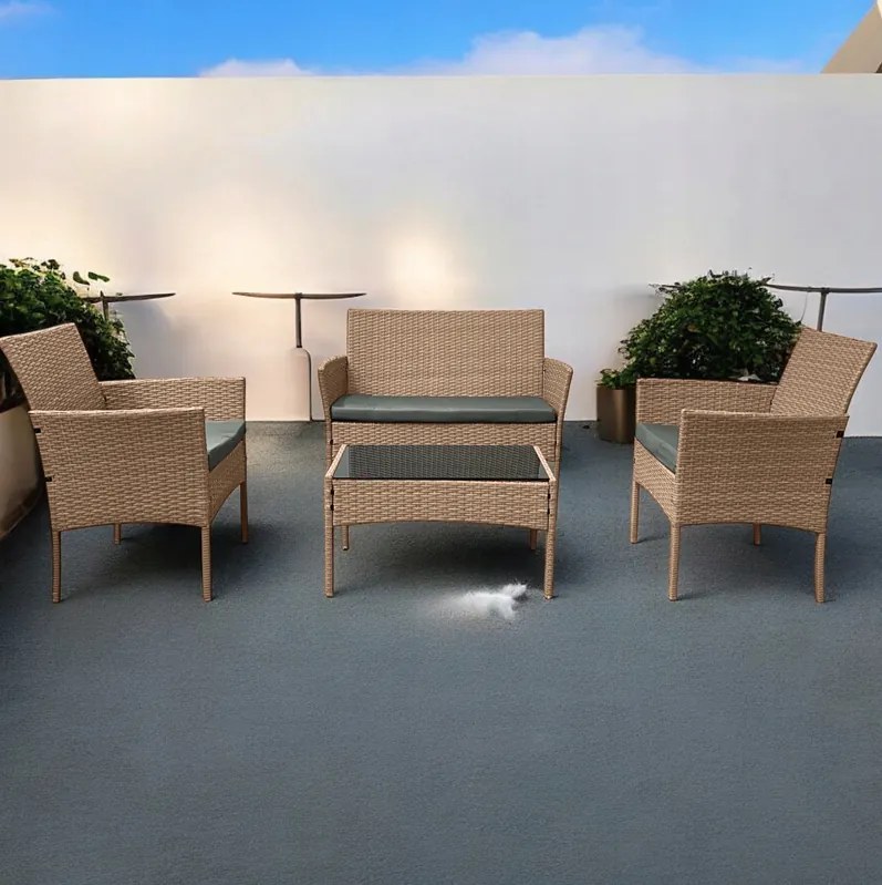 Елегантен ратанов градински комплект с маса с черно стъкло