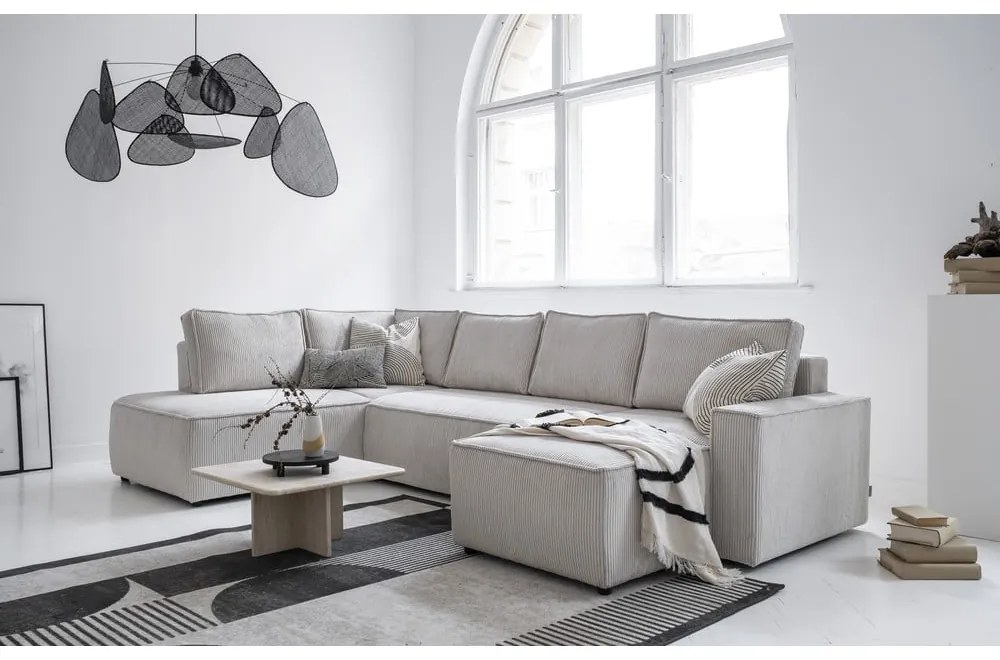 Бял разтегателен ъглов диван от рипсено кадифе (ляв ъгъл/"U" форма) Brave Dave – Miuform