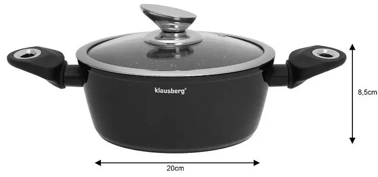 Комплект тенджери и тигани Klausberg KB 7322, 15 части, Термодъно, Отвор за изливане, Индукция, Черен