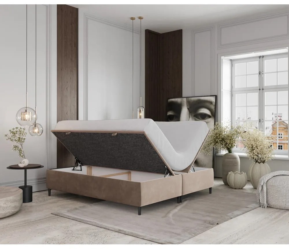 Бежово тапицирано двойно легло с място за съхранение 160x200 cm Tate – Maison de Rêve
