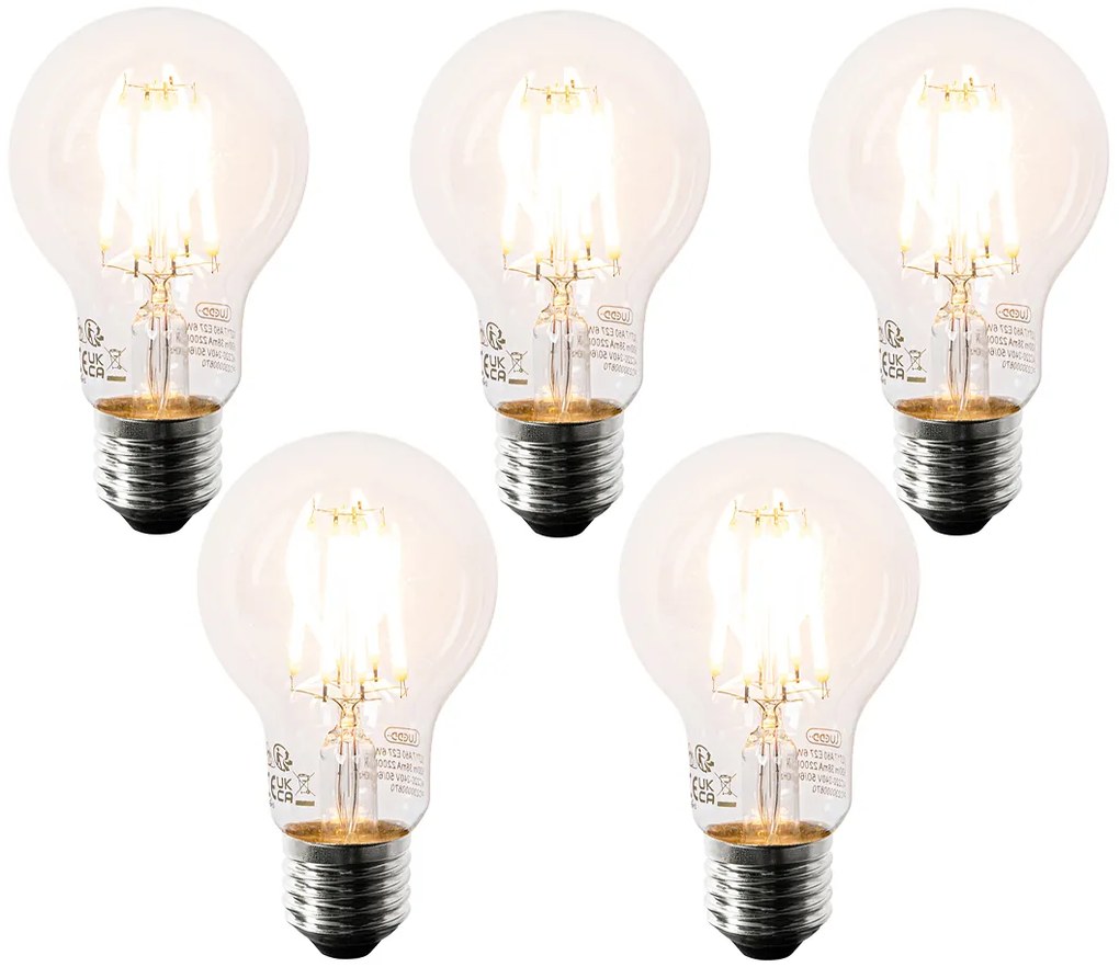Комплект от 5 LED крушки E27 A60 прозрачни 6W 630lm 2200K