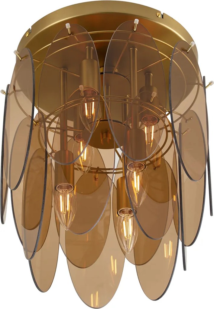 Art Deco plafondlamp goud met amber glas ovaal 6-lichts - Mochan