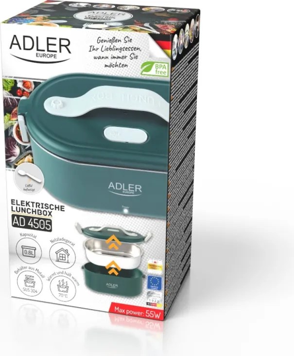 Електрическа кутия за обяд Adler AD 4505, 800 ml, До 50C, Стоманен съд за храна, Зелен