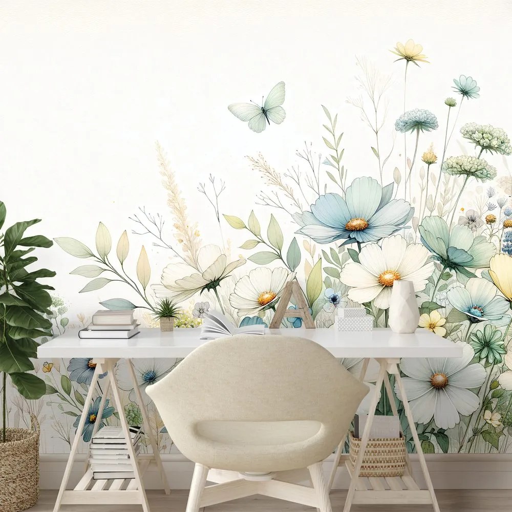 Самозалепващ тапет – Пастелни полски цветя и летящи пеперуди