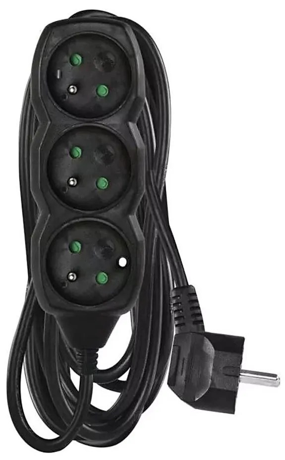 Удължител 3-извода 5м, черен