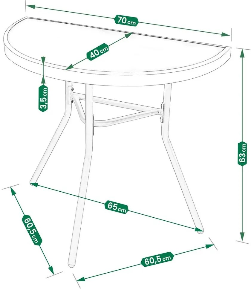 Полукръгла балконска маса бежова - стъкло с метална структура