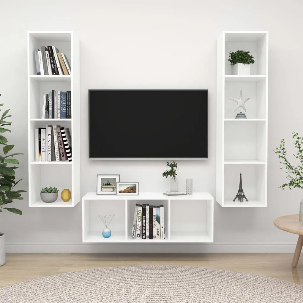 3079754 vidaXL Комплект ТВ шкафове от 3 части, бял, инженерно дърво