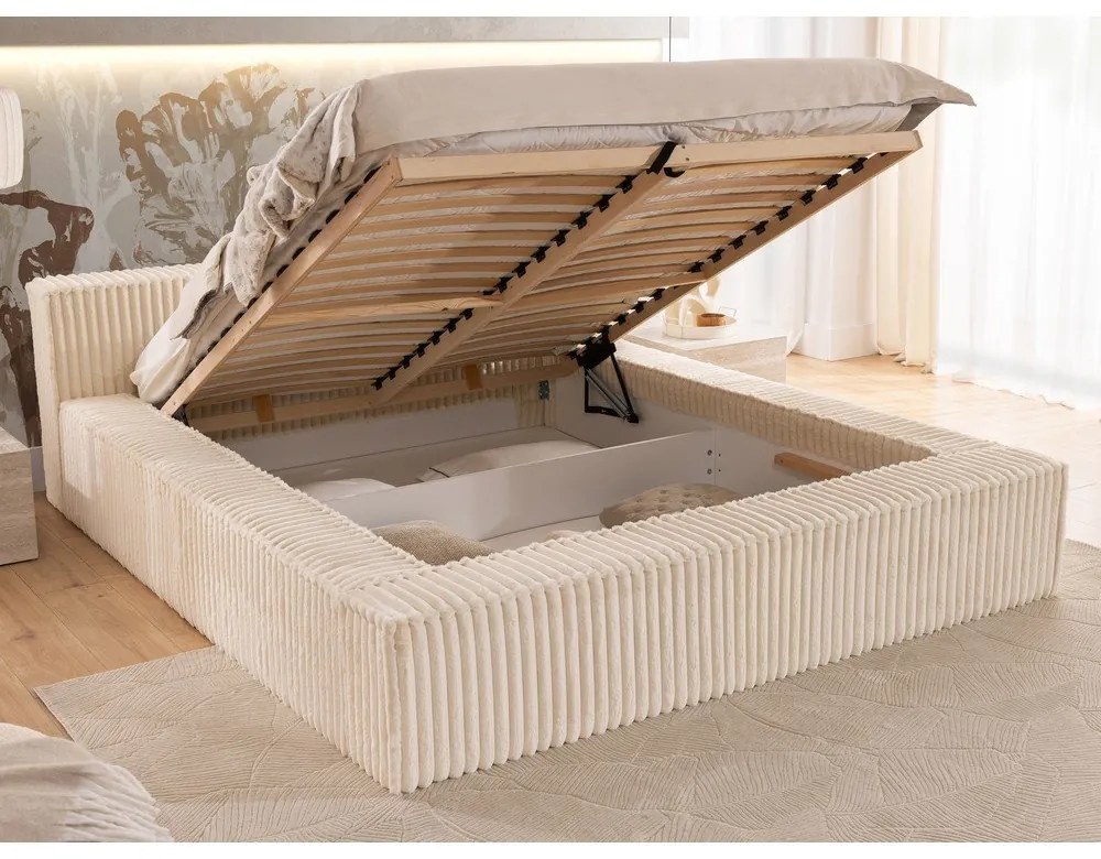 Бежово двойно тапицирано легло с място за съхранение и включена подматрачна рамка 200x200 cm Cloe – Ropez