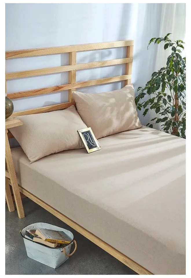 Бежови еластични памучни чаршаф и калъфка за възглавница в комплект 180x200 cm – Mila Home