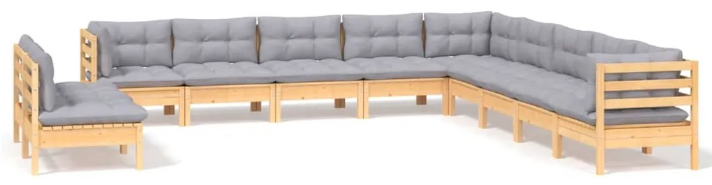 3096850 vidaXL Градински лаундж комплект сиви възглавници 11 части бор масив