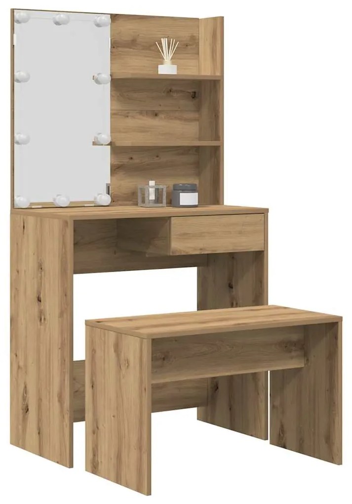 3329184 vidaXL Комплект тоалетка с LED Artisan Oak Engineered Wood
