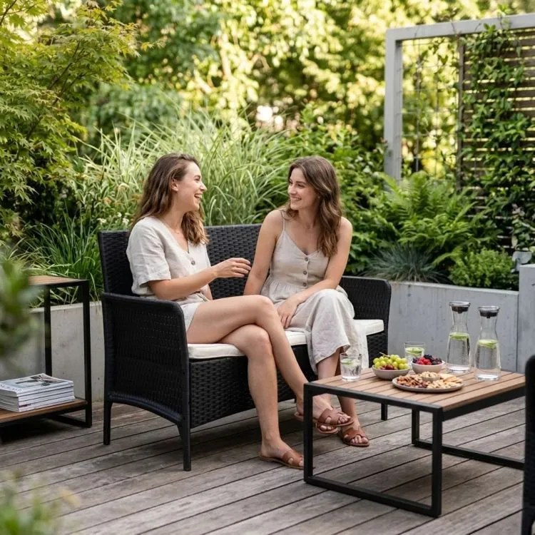 Градински диван с възглавница - ратанов диван за балкон и тераса