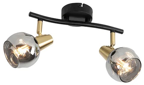 Таванна лампа черна с месинг и димно стъкло 2-светлина - Vidro