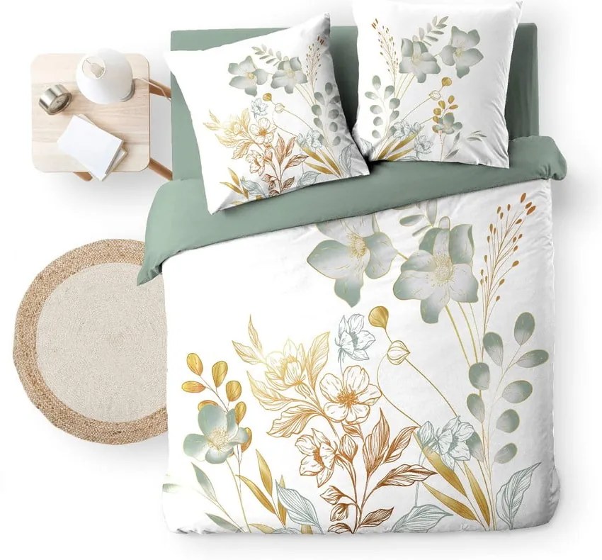 Бяло/зелено двойно удължено памучно спално бельо 240x220 cm Lolita – douceur d'intérieur