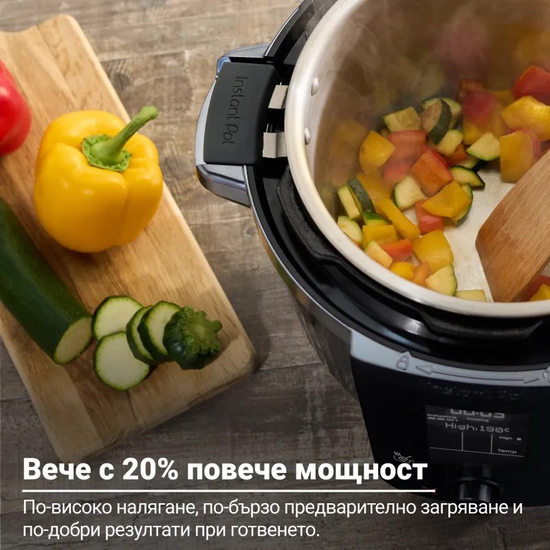 Мултикукър Instant Pot Pro Max, 1200W, 5.7 л, 105 kP, 10 програми, Nutriboost, WiFi, LCD дисплей, Неръждаема стомана, Бял/матов