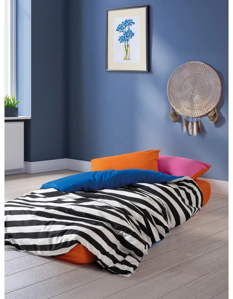 Черно-бяло двойно удължено спално бельо от памук Renforcé с включен долен чаршаф, 4 части 200x220 cm Dusk – Mijolnir